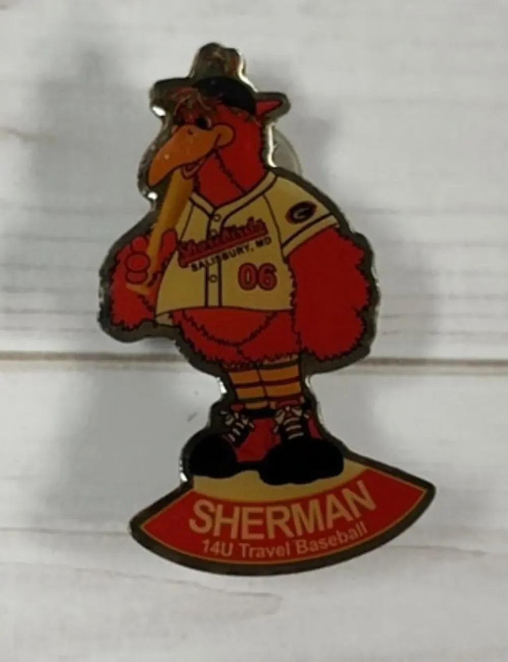 Shorebirds Mascot Sherman 14U Travel Baseball Team Salisbury, MD Pin